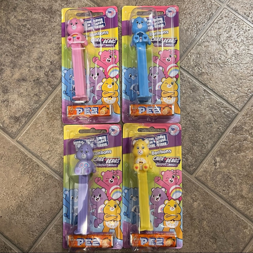 Full set of Care Bears Pez Dispensers! Funshine, Grumpy, Share, & Cheer. NIB